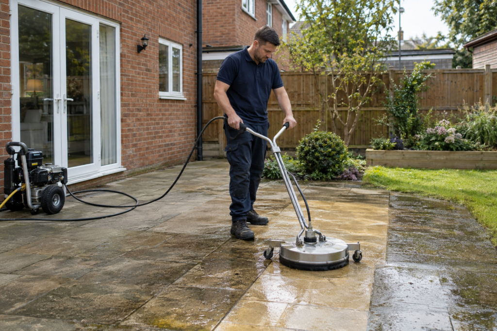 Professional pressure washing of a British residential patio