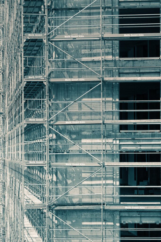 construction site, scaffolding, framework, building, architecture, to build, construction work, housebuilding, construction, new building, working scaffold, facade, shell, building construction, symmetrical